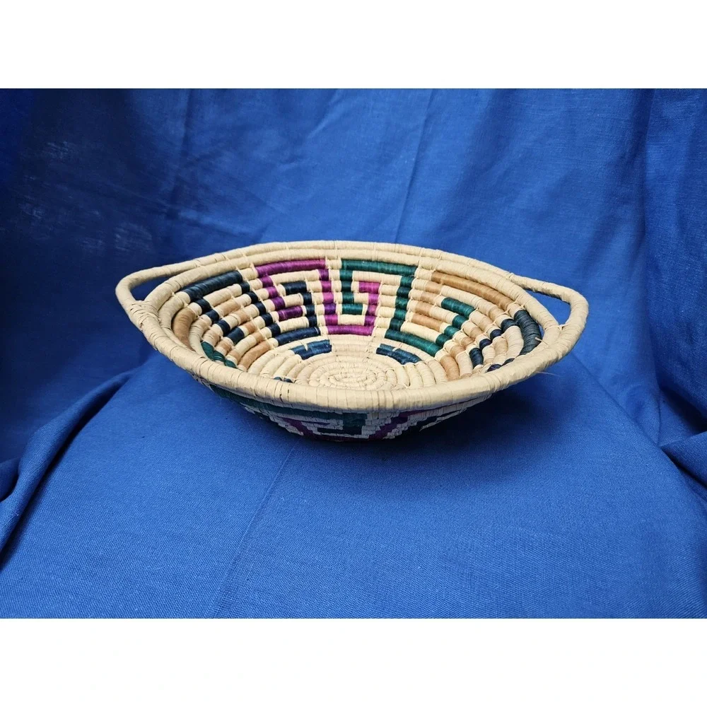 Southwestern Handwoven Coil Boho Basket Bowl Geometric Colorful Handles 13